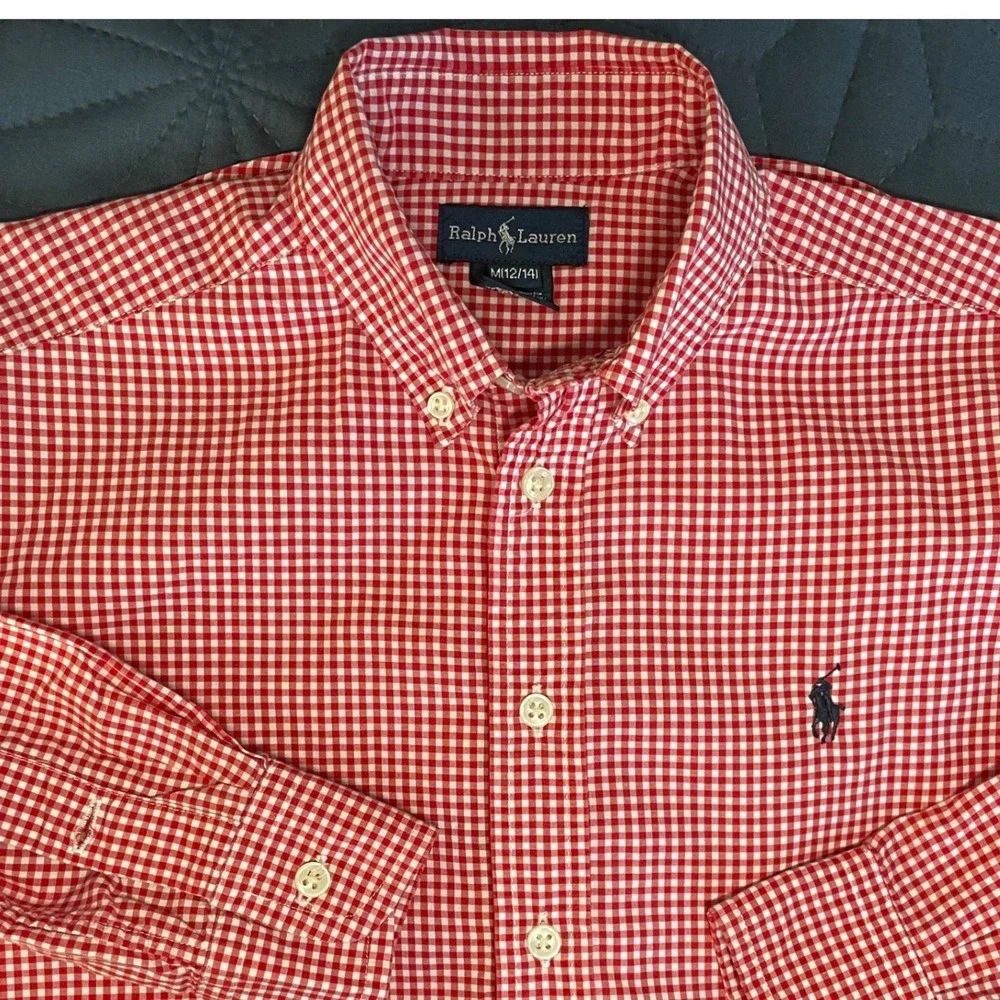 Ralph Lauren Kids Boys Red‎ Gingham Button Down Shirt Size M 12-14 Long Sleeve